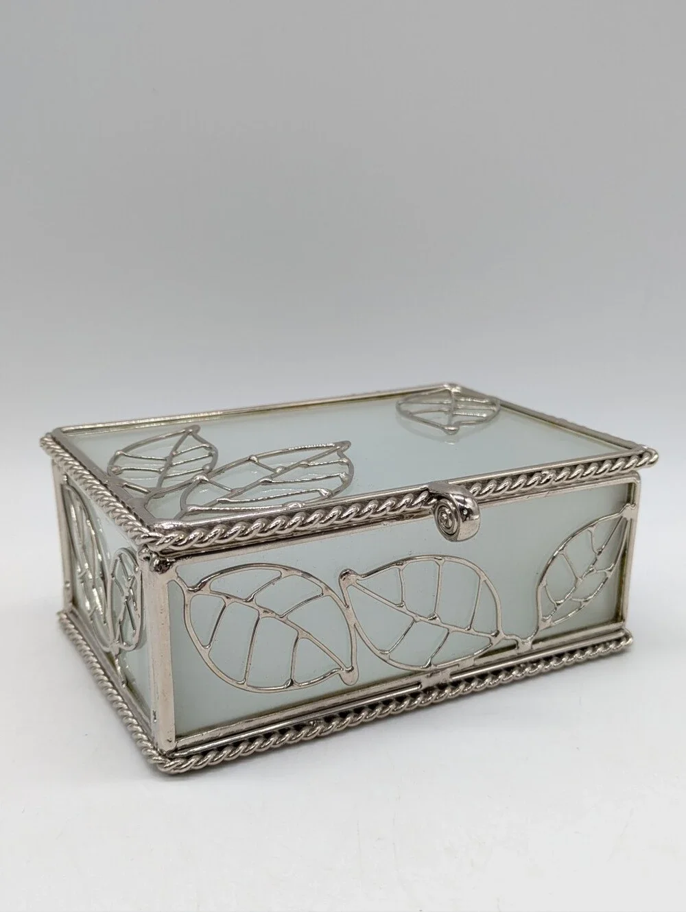 Frosted Glass Metal Leaf Design Rectangular Trinket Box